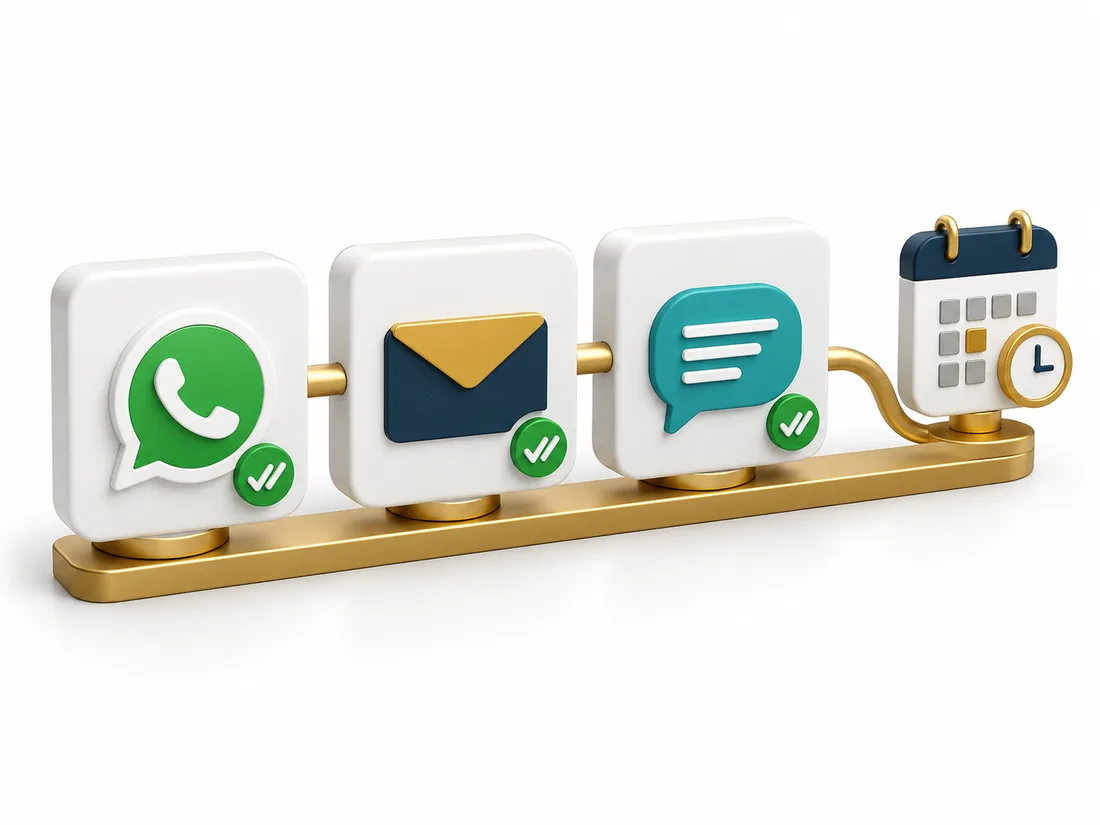 WhatsApp, e-mail e SMS conectados a um calendário, com confirmações ilustrativas de envio.